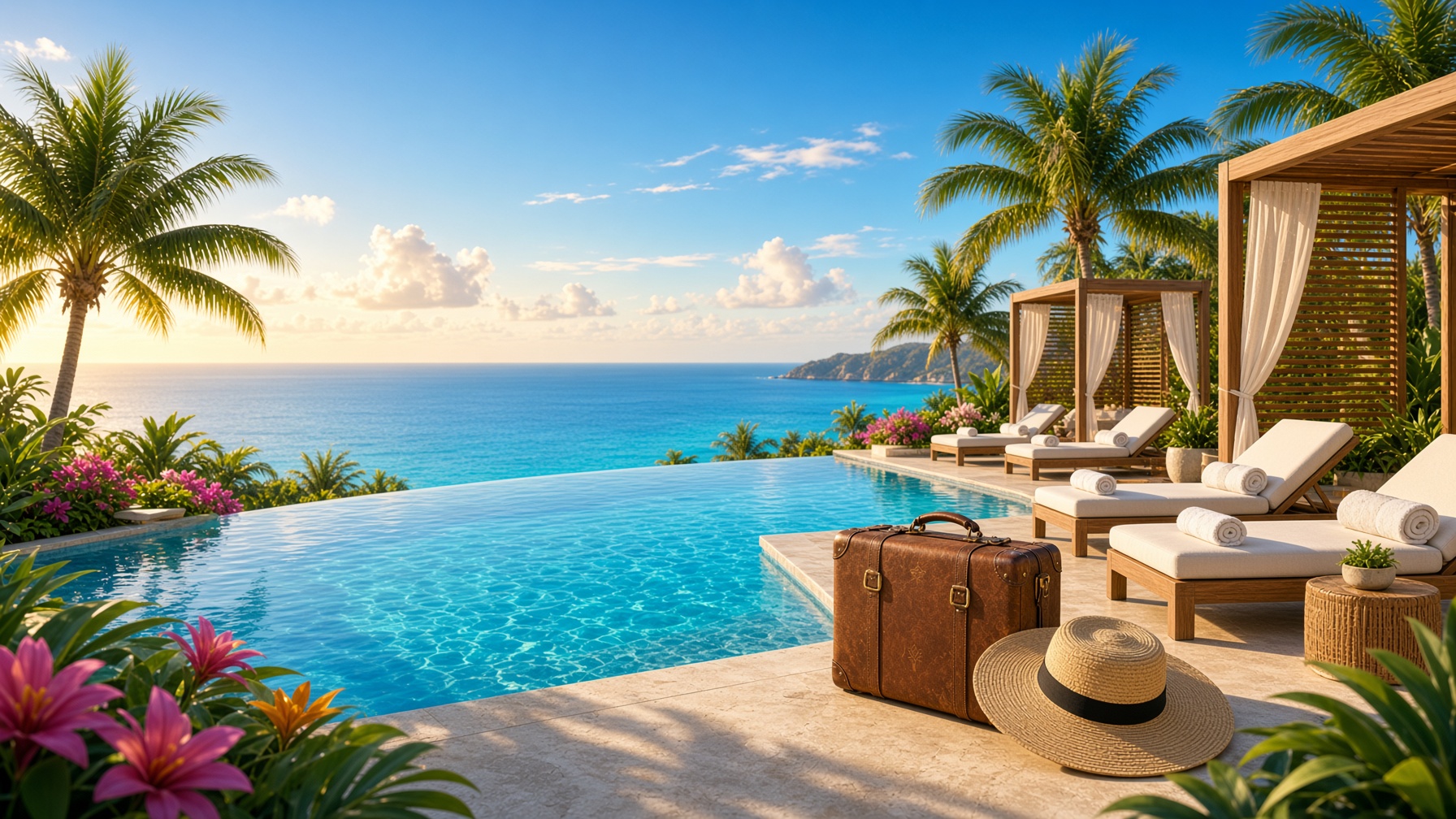 Sunlit pool overlooking the sea, with palm trees and a travel suitcase